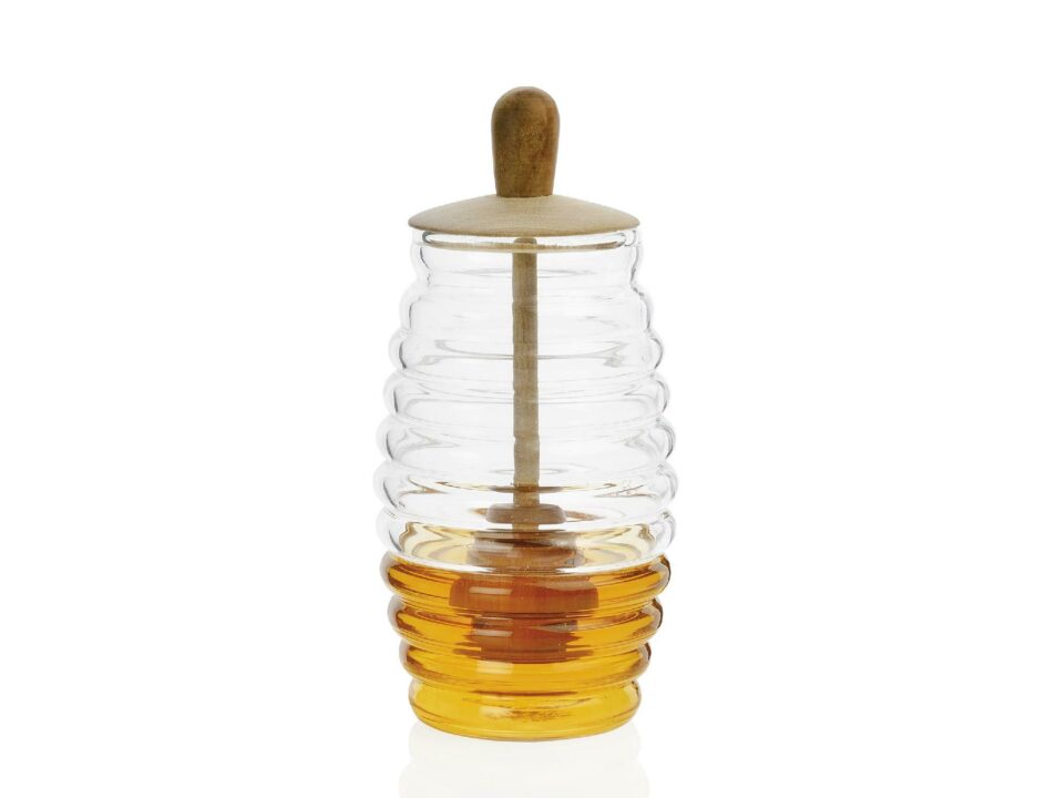 Pot de miel en verre avec cuillère en bois